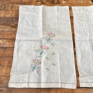 Vintage 1950s Hand-Embroidered Linen Tea Towel Guest Towels Set of 2